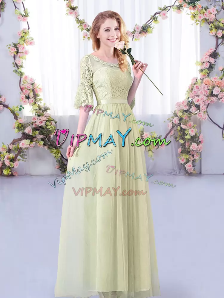 Tulle Scoop Half Sleeves Side Zipper Lace and Belt Wedding Guest Dresses in Yellow Green