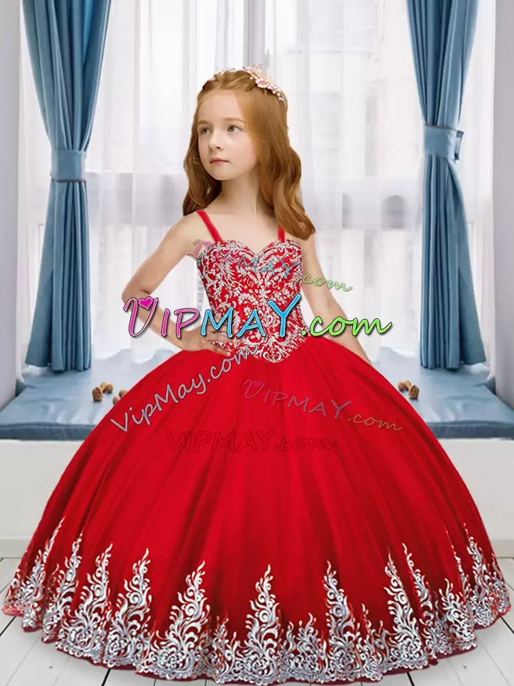 Customized Sleeveless Floor Length Embroidery Lace Up Little Girls Pageant Gowns with Wine Red