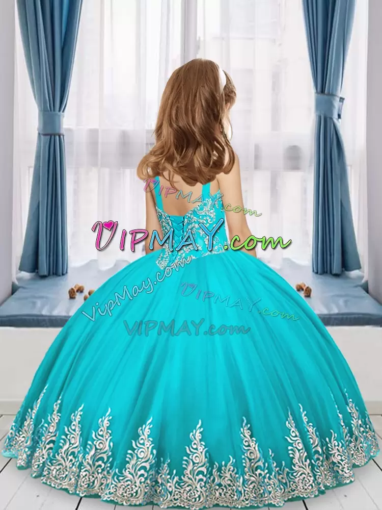 Customized Sleeveless Floor Length Embroidery Lace Up Little Girls Pageant Gowns with Wine Red