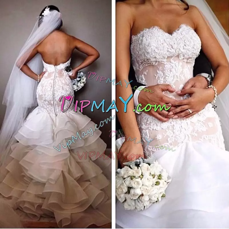 Sweetheart Sleeveless Bridal Gown Lace and Ruffled Layers Court Train Clasp Handle