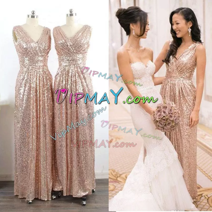 Decent Sequined Sleeveless Floor Length Wedding Guest Dresses and Sequins