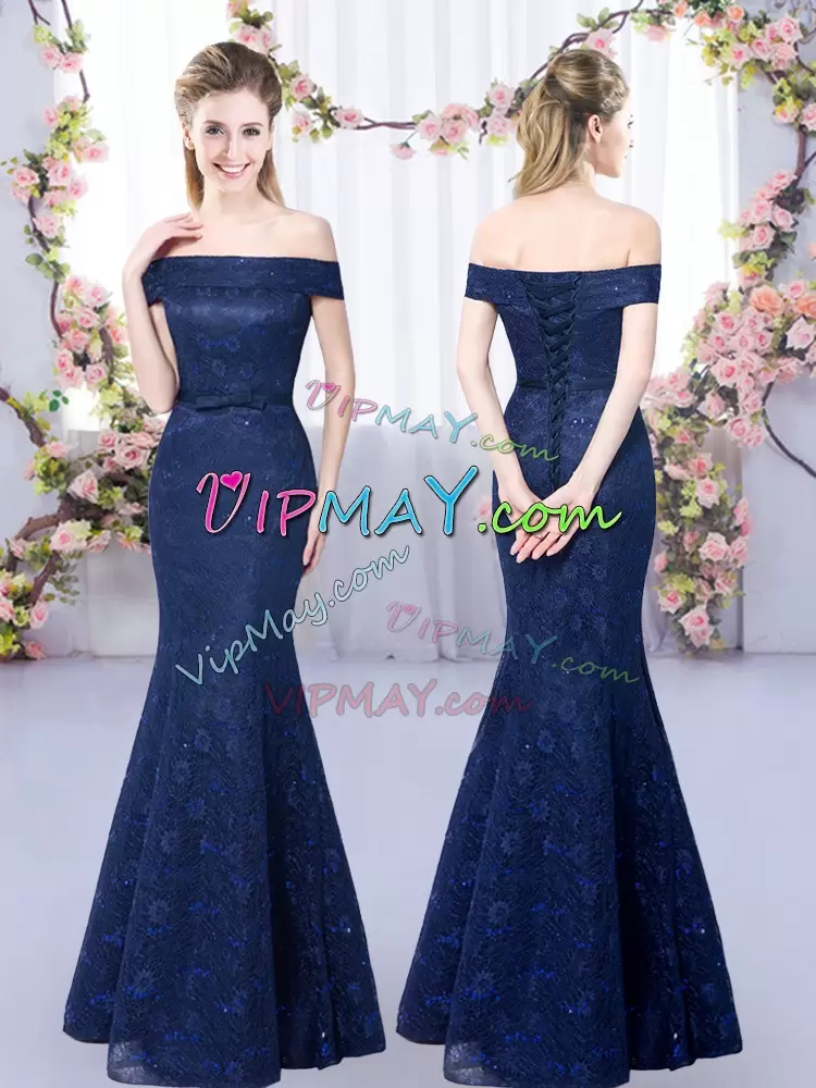 Sleeveless Floor Length Lace Lace Up Bridesmaid Gown with Navy Blue