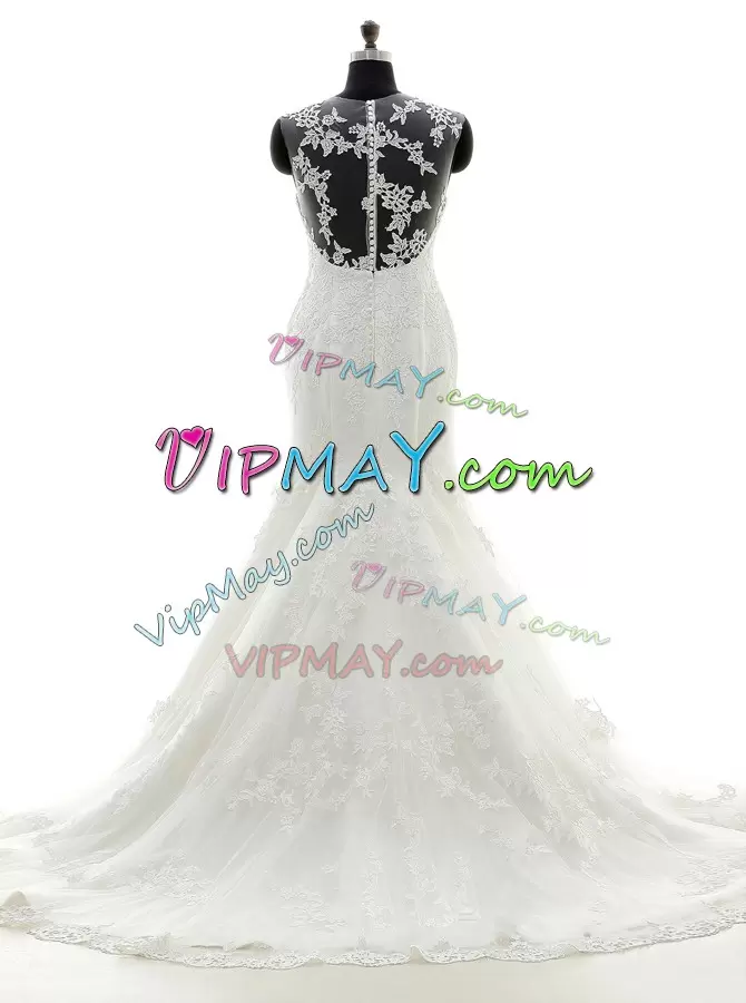Sweet Sleeveless Scoop Brush Train Zipper With Train Lace and Appliques Wedding Gown Scoop