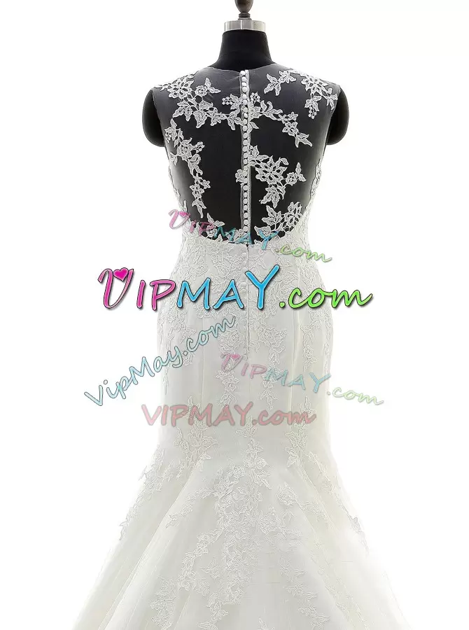Sweet Sleeveless Scoop Brush Train Zipper With Train Lace and Appliques Wedding Gown Scoop