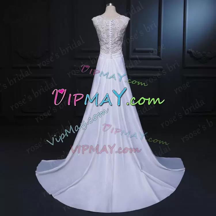 Free and Easy Watteau Train Mermaid Wedding Dress White Scoop Satin Sleeveless Clasp Handle