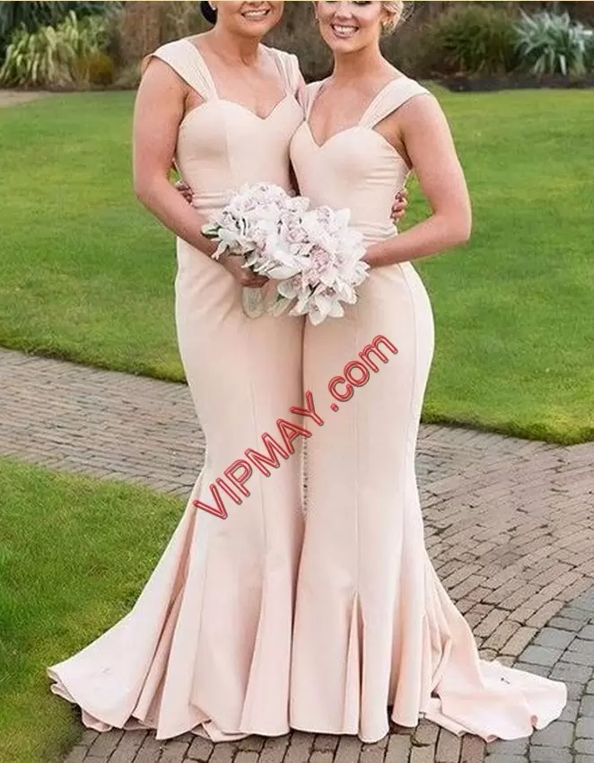 Floor Length Lace Up Bridesmaid Dress Peach for Party and Wedding Party with Beading and Lace Sweep Train