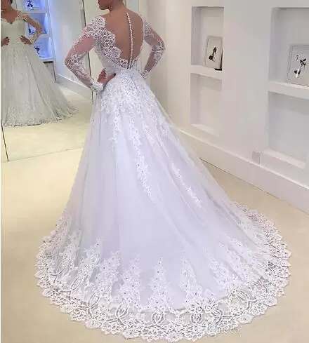 V-neck Long Sleeves Wedding Dress With Train Court Train Lace and Appliques Lavender Tulle