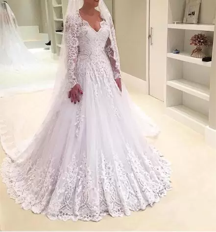 V-neck Long Sleeves Wedding Dress With Train Court Train Lace and Appliques Lavender Tulle