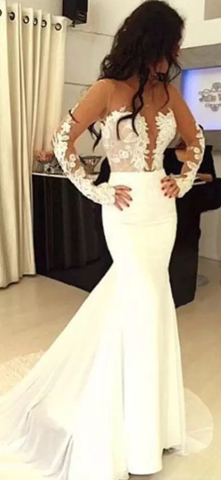 Cute White Mermaid V-neck Long Sleeves Brush Train Backless Lace Bridal Gown