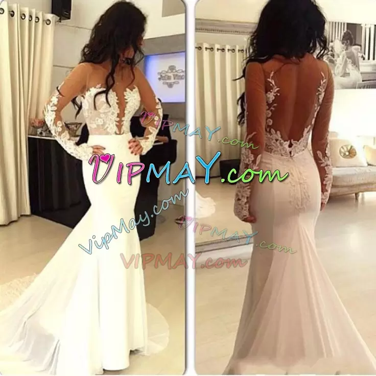 Cute White Mermaid V-neck Long Sleeves Brush Train Backless Lace Bridal Gown