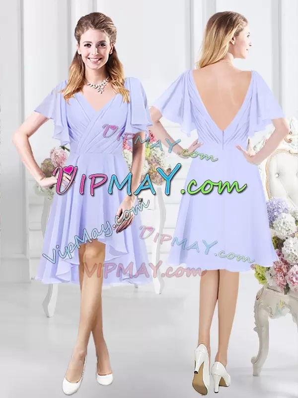 Chiffon V-neck Short Sleeves Zipper Ruching Bridesmaids Dress in Lavender