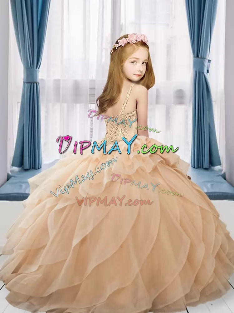 Classical Sleeveless V-neck Lace Up Floor Length Beading and Ruffled Layers Kids Formal Wear V-neck