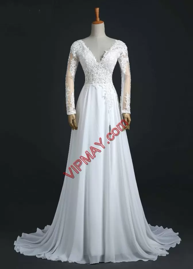 Graceful White Wedding Gown Chiffon Brush Train Long Sleeves Appliques