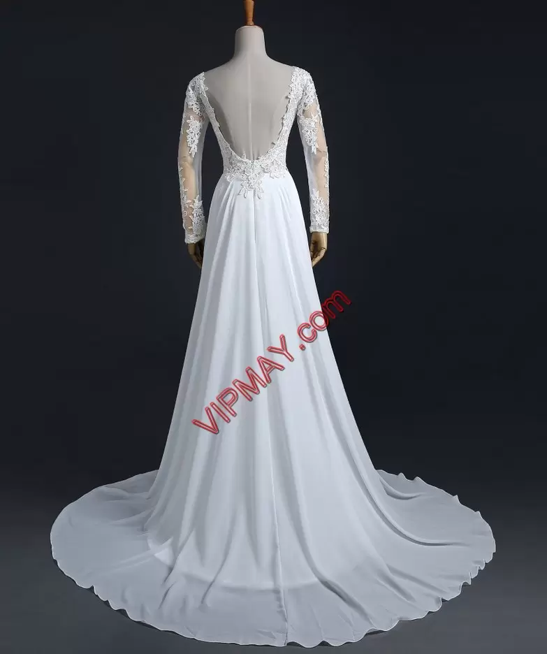 Graceful White Wedding Gown Chiffon Brush Train Long Sleeves Appliques