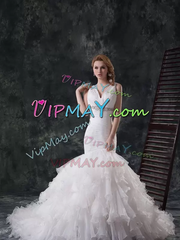 Romantic Organza V-neck Sleeveless Brush Train Lace Up Beading and Ruffles Wedding Dress in White