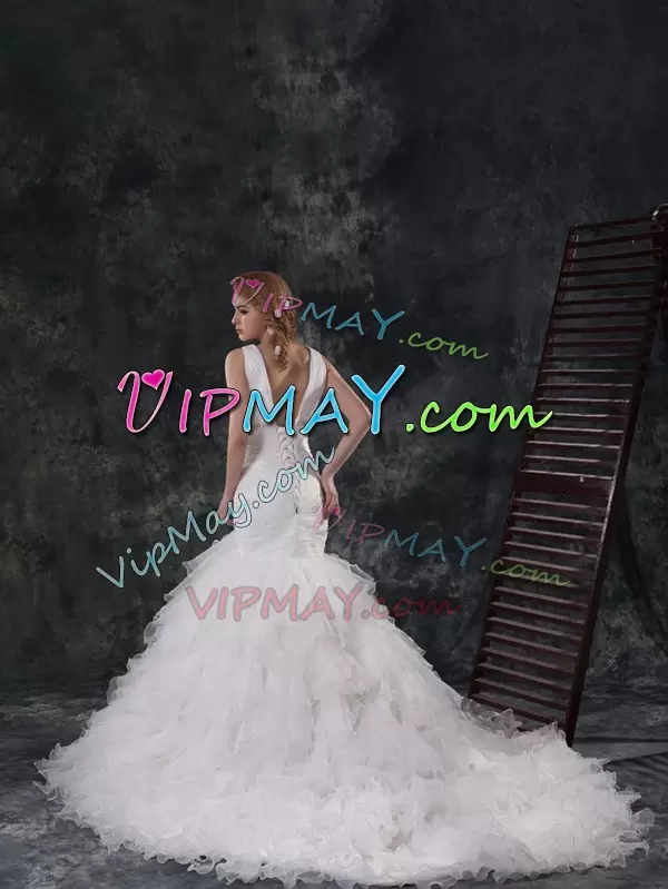 Romantic Organza V-neck Sleeveless Brush Train Lace Up Beading and Ruffles Wedding Dress in White