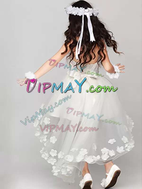 Sweet White Organza Zipper Flower Girl Dress Sleeveless High Low Appliques and Bowknot
