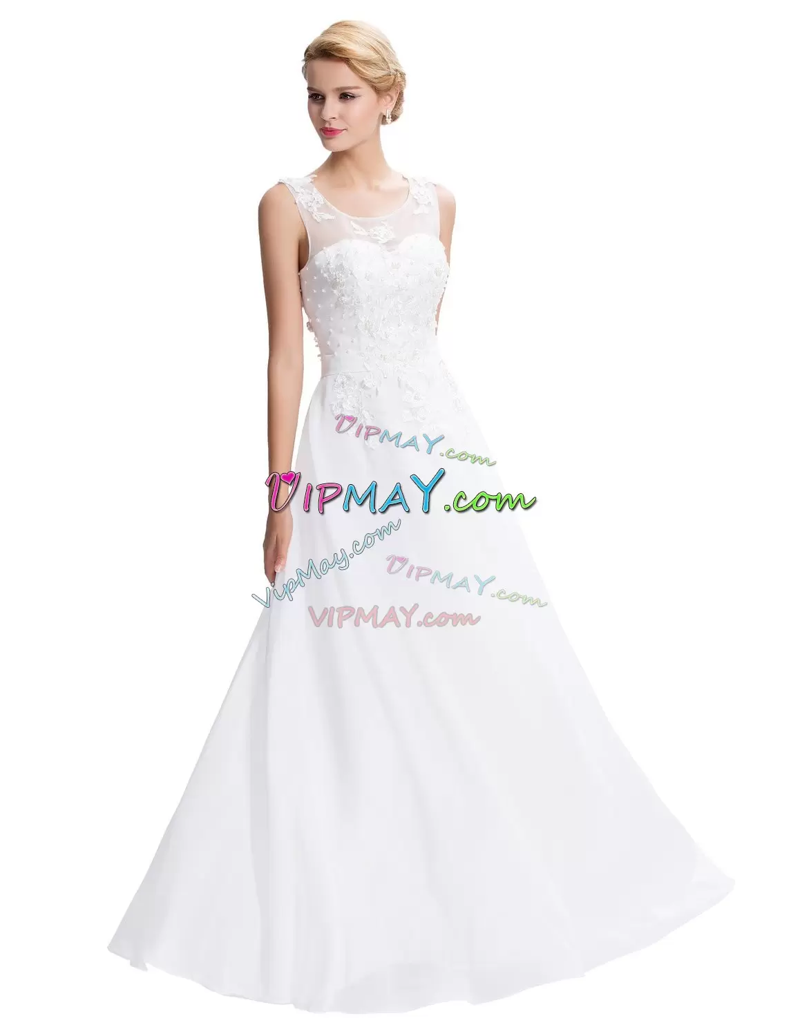 White Zipper Wedding Gowns Beading and Appliques Sleeveless Floor Length