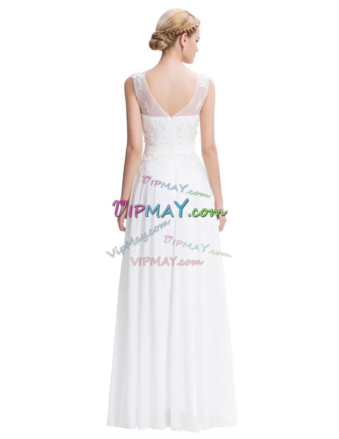 White Zipper Wedding Gowns Beading and Appliques Sleeveless Floor Length