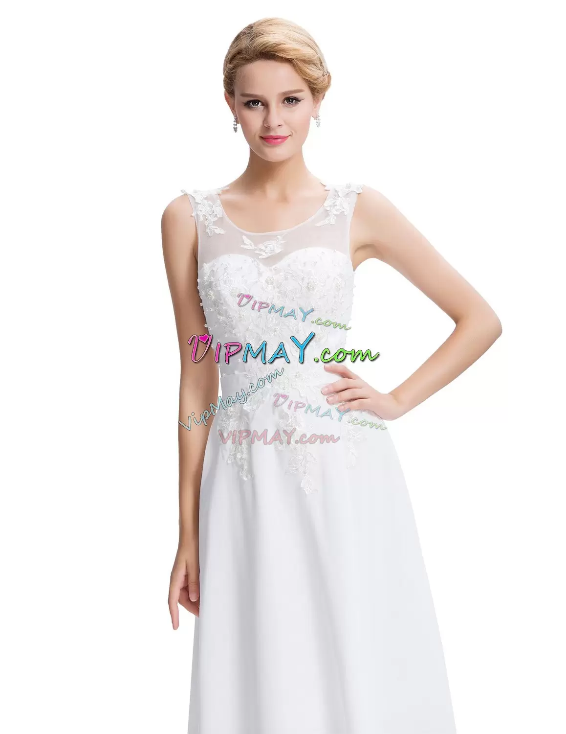 White Zipper Wedding Gowns Beading and Appliques Sleeveless Floor Length