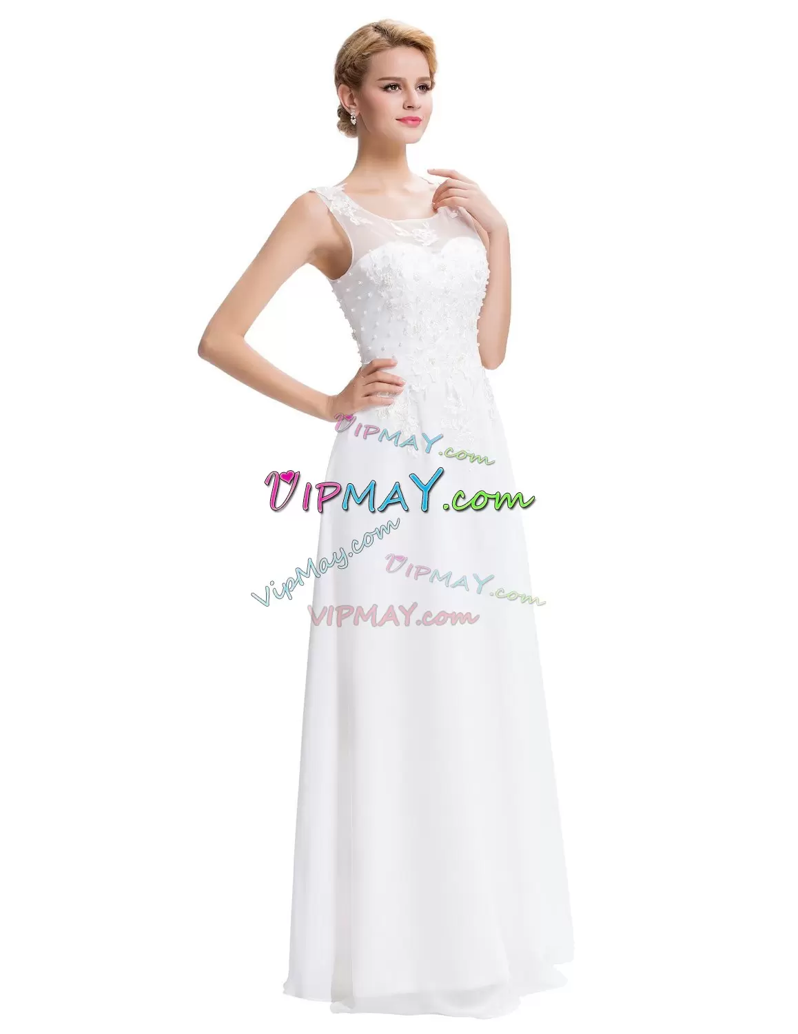 White Zipper Wedding Gowns Beading and Appliques Sleeveless Floor Length