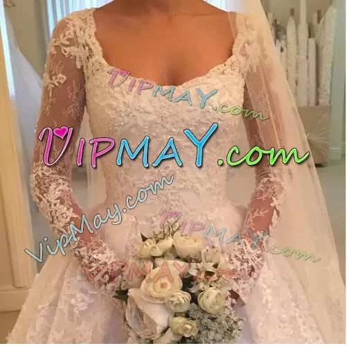White Long Sleeves Brush Train Lace and Appliques Wedding Gowns