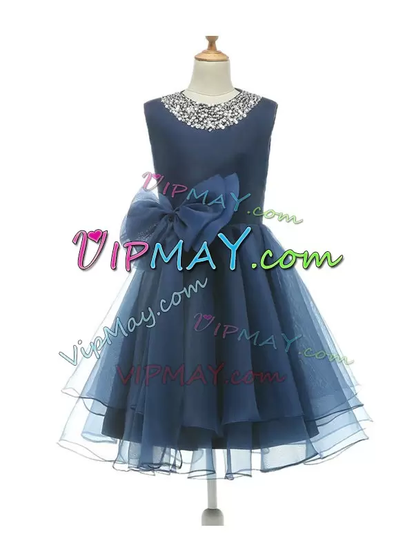 Custom Design Navy Blue Tulle Zipper Flower Girl Dresses Sleeveless Knee Length Beading and Bowknot