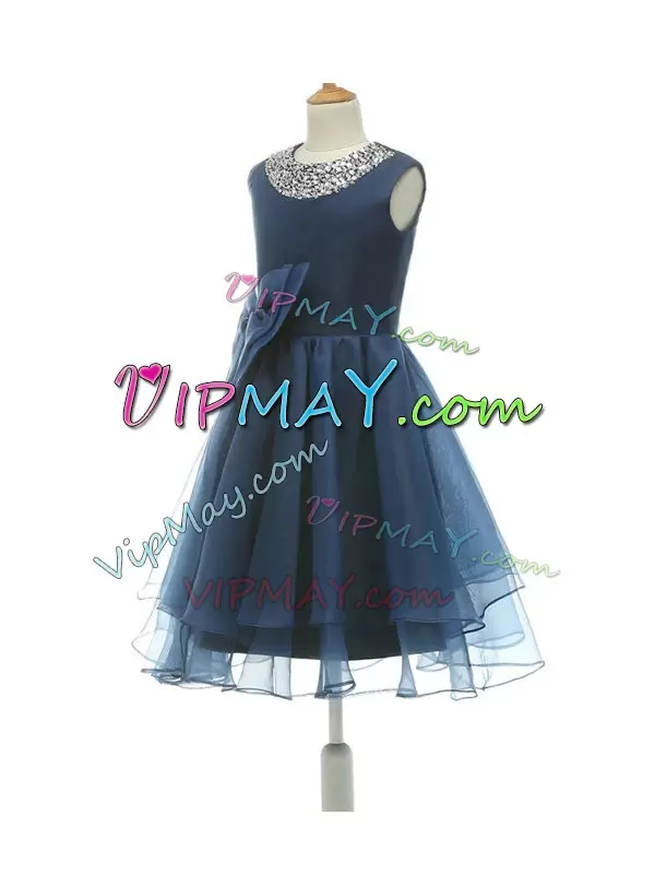 Custom Design Navy Blue Tulle Zipper Flower Girl Dresses Sleeveless Knee Length Beading and Bowknot