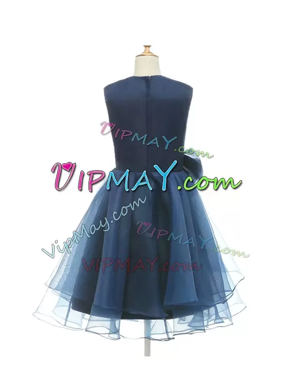 Custom Design Navy Blue Tulle Zipper Flower Girl Dresses Sleeveless Knee Length Beading and Bowknot