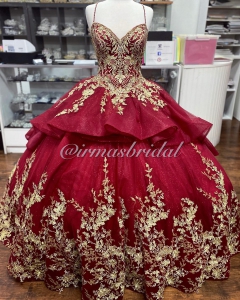Beautiful Mexican Wine Red Quinceanera Dress with Gold Embroidery