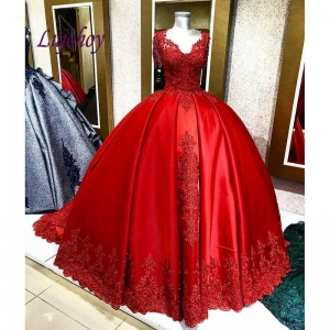 Beautiful Beaded Red Satin Quinceanera Dress Plus Size Puffy
