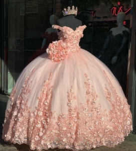 Princess Blush Pink Off the Shoulder Quinceanera Dress with 3D Lace Flowers
