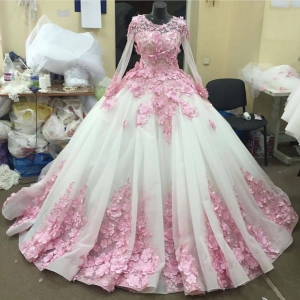 Custom Long Sleeve White Quinceanera Dress 3D Pink Flowers Sheer Neckline