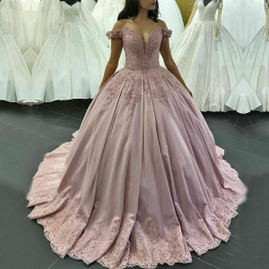 NEW Dusty Pink Off Shoulder Deep-V Quinceanera Dress Beaded Satin Sweet 16 Dress