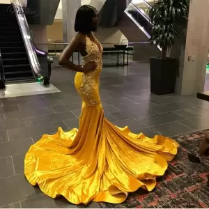 African Mermaid Gold V-neck Black Girl Velvet Prom Dress with Beads Crystal