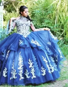 Mexican Themed Vestido 15 anos Blue Quinceanera Dress High Neck Long Sleeves Masquerade Gowns