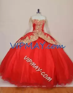 Custom Design Red and Gold Long Sleeves Quinceanera Dress with Removable Train