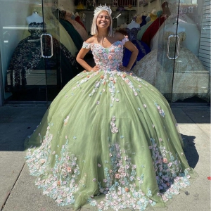 Sage Green Princess Quinceanera Dresses 3D Flowers Lace Vestidos De XV Anos