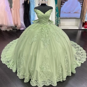 Hot Lace Sage Green Off Shoulder Quinceanera Dress with Train