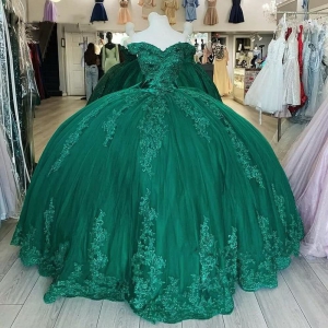 Cheap Dark Green Off Shoulder Lace Tulle Quinceanera Dress under 300