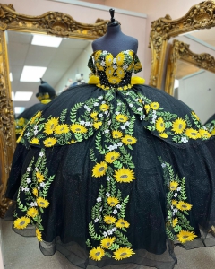 Sunflower Floral Quinceanera Dress Black Glitter Charro Mexican Quince Dress