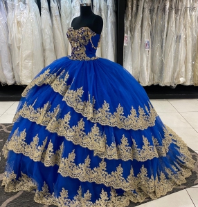 Beautiful Royal Blue with Three Layers Gold Accents Quinceanera Dress