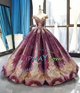 Sparkly Burgundy and Gold Sequins Cap Sleeve Sweet 16 Quinceanera Dress