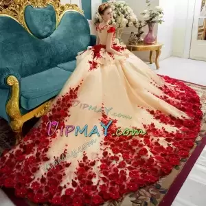 Pretty Long Train Quincenera Dress 3D Flowers See Through Back Wedding Dress Cap Sleeve