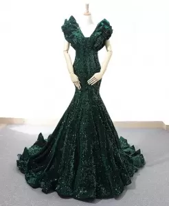 Designer Dark Green Sequin Mermaid Ruffled Sleeve Prom Dress with Train