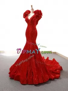 Elegant Red Sparkly Sequin Mermaid Evening Gown with Train