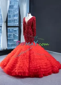 Popular Red Sequin Long Sleeve Mermaid Prom Dress Puffy Tulle Fishtail with Ruffled Layers Train