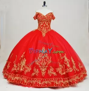 Customize Red Charro Themed Quinceanera Dress with Gold Embroidery Online