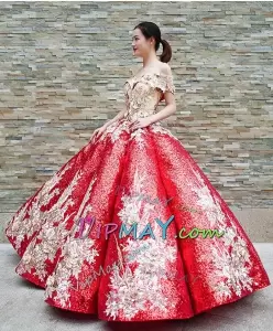 Custom Design Sparkly Sequin Red Quinceanera Dress Poofy Skirt with Gold Flowers