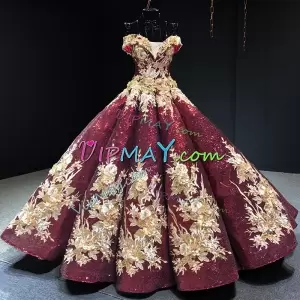 Elegant Dark Wine Red and Gold Quinceanera Ball Gown Sequin Skirt Puffy Wholesale Price